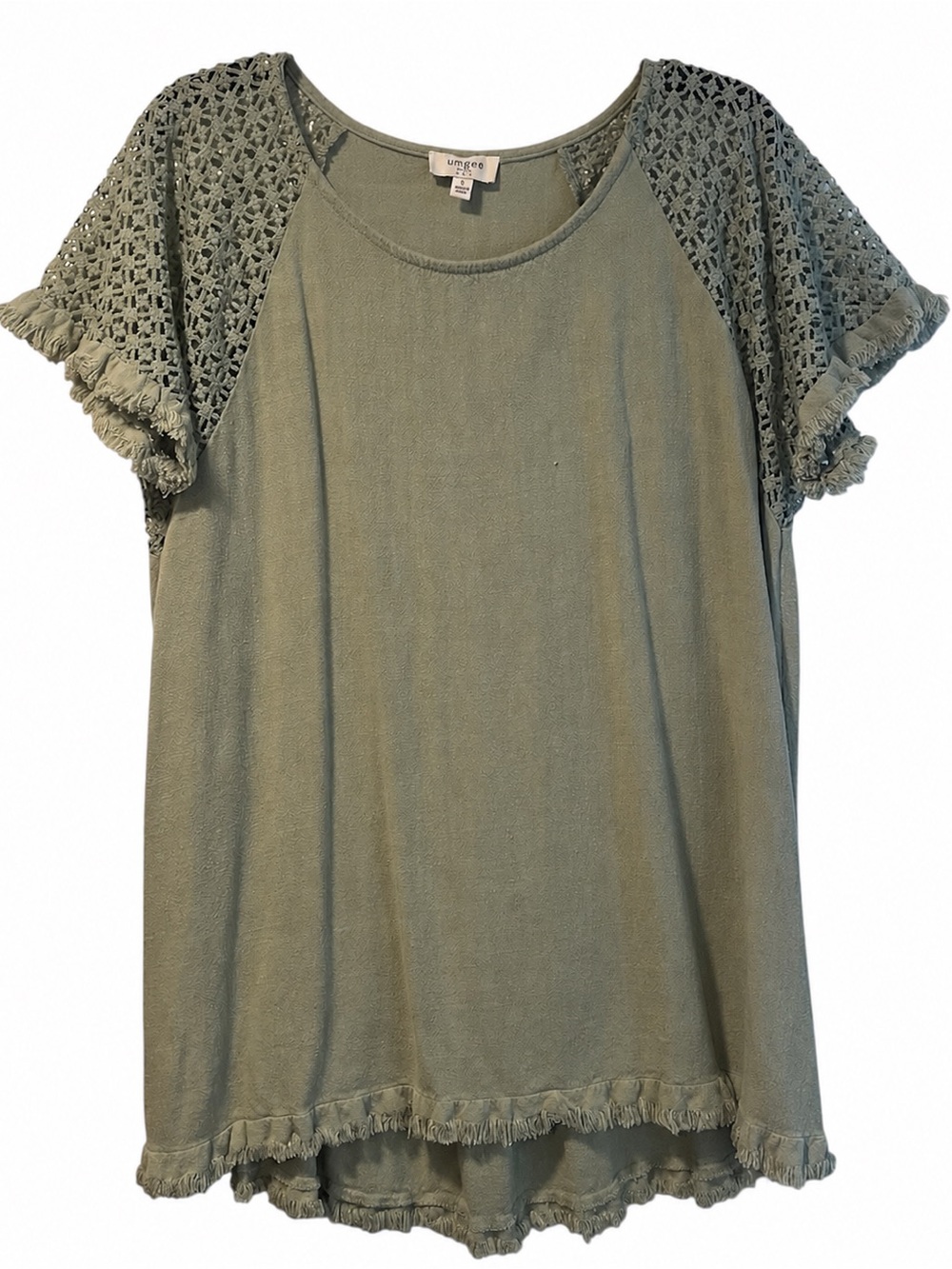 Umgee Olive Green Crochet Sleeve Fringe Hem Boho Top